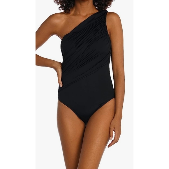 La Blanca Island Goddess Shirred One Shoulder One Piece - Black - Picture 2 of 12